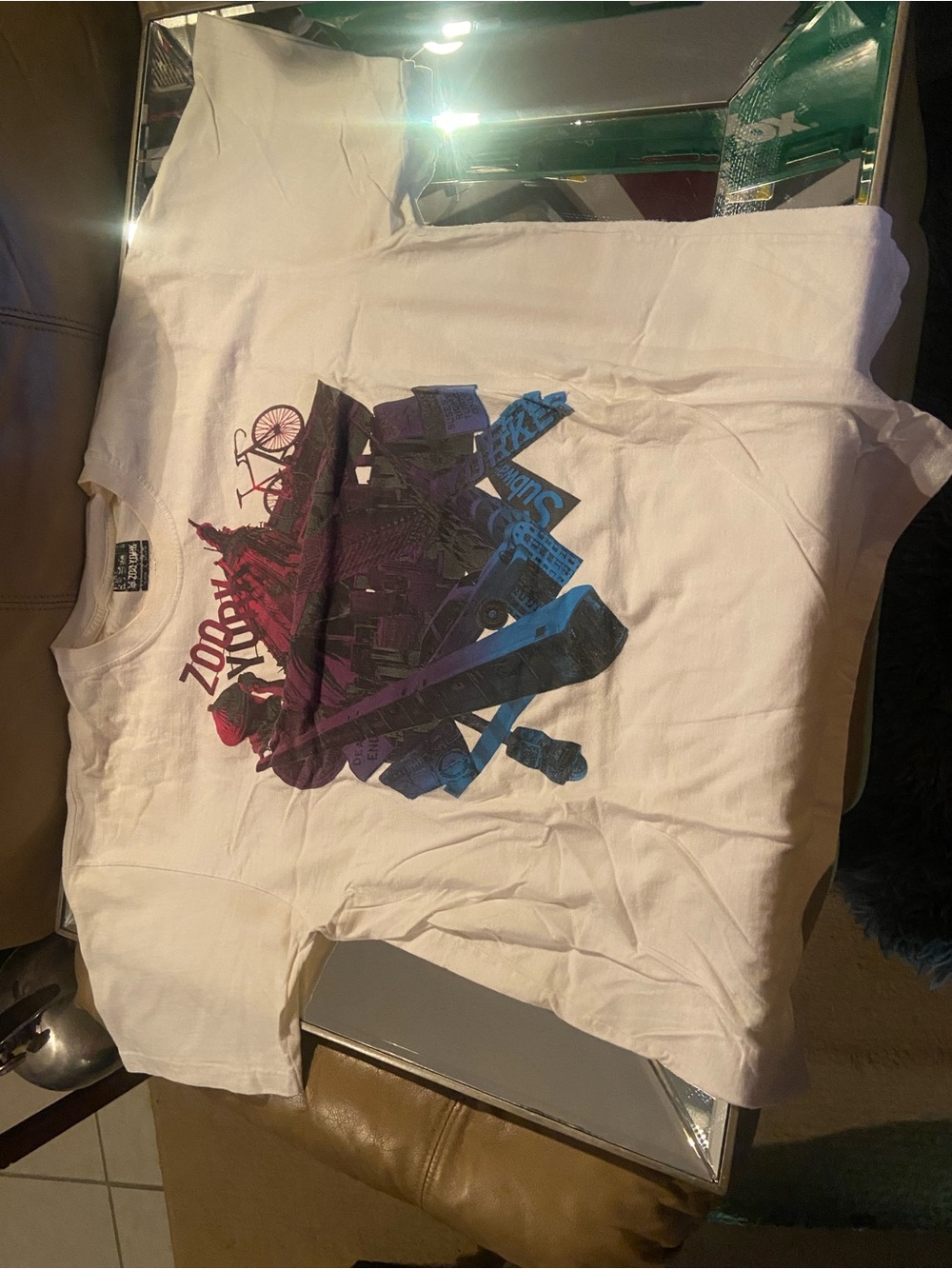 White Graphic Zoo York T‑Shirt with Purple & Blue Print **stained**